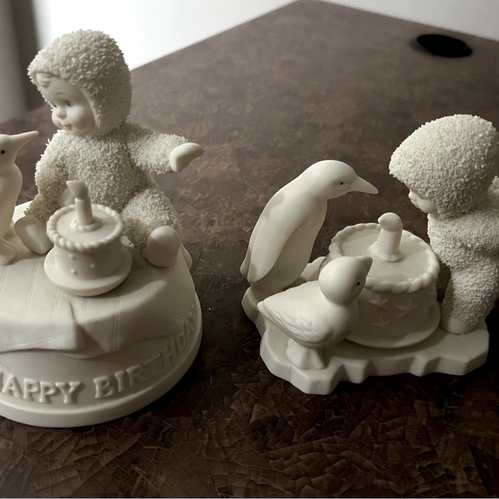 Two Snowbaby birthday theme figurines